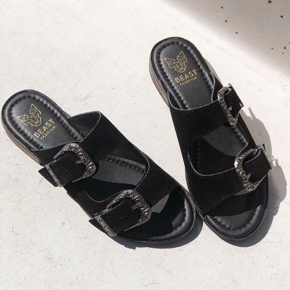 NEW Black Faux Suede Western Metal Buckled Straps Slides Slip On Sandals Shoes - Picture 5 of 12